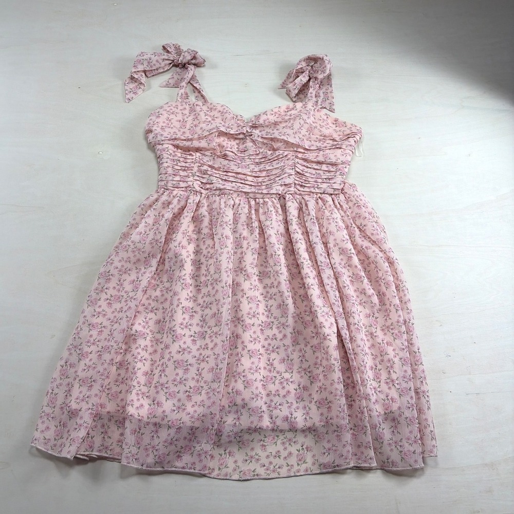 Altar'd State Pink Floral Tie Shoulder Ruched Mini Dress Large